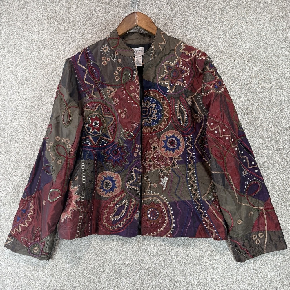 Chicos 2 8/10 M Messinia Austere Silk Blend Jacket Abstract Embroidered Festival